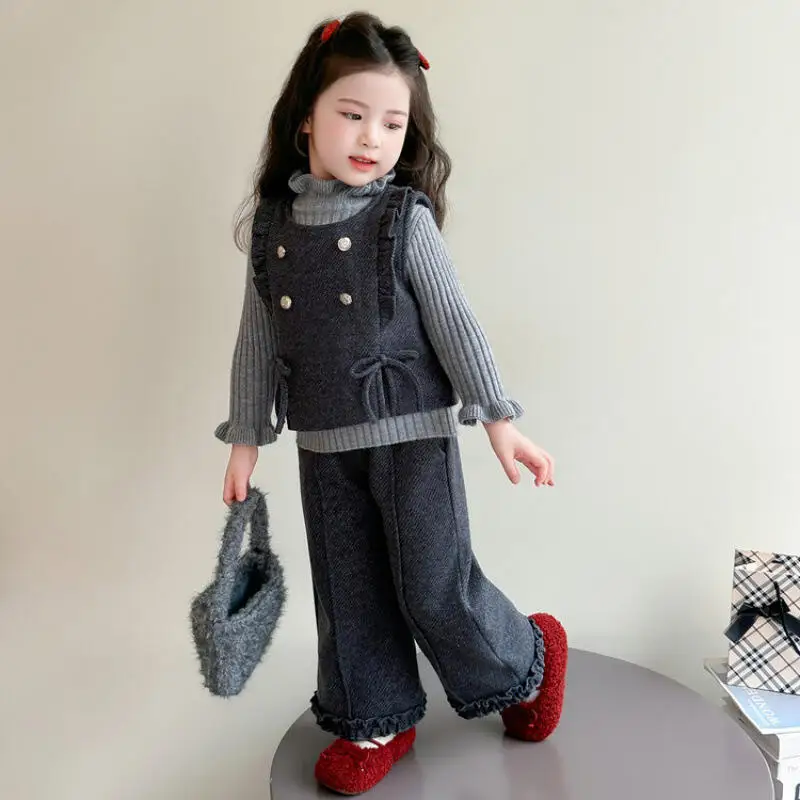 

Комплект из трех предметов для девочек, осенний жилет, свитер, брюки, топы, пуловер, прямые брюки, детская кавайная модная новая стильная повседневная одежда