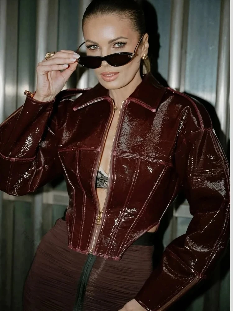 Women Zipper Short Coat Elegant Women's Leather Jacket Retro Coated Cinched-waist New Party High Street Coat Lady Leather Jacket