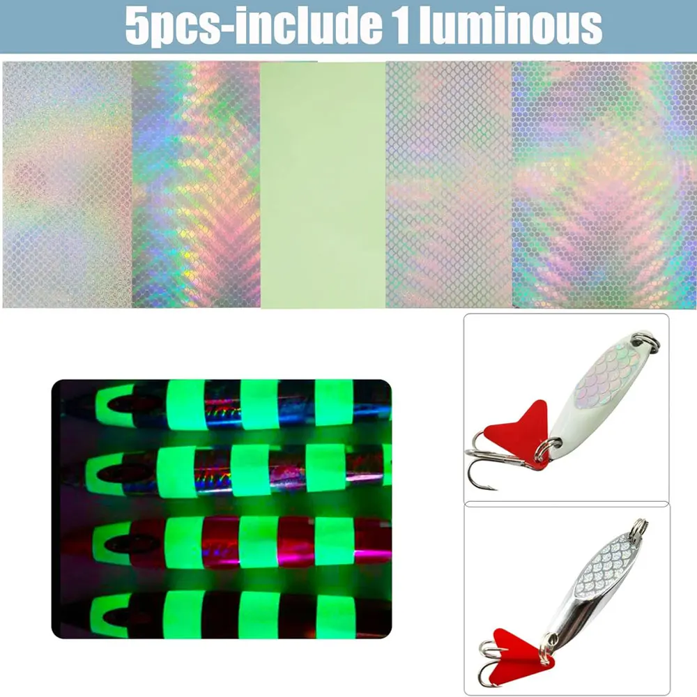 5Pcs Mixed Color Holographic Adhesive Film Flash Tape for Fishing Lure Materail Metal Hard Baits Luminous Sticker Fishing Tools