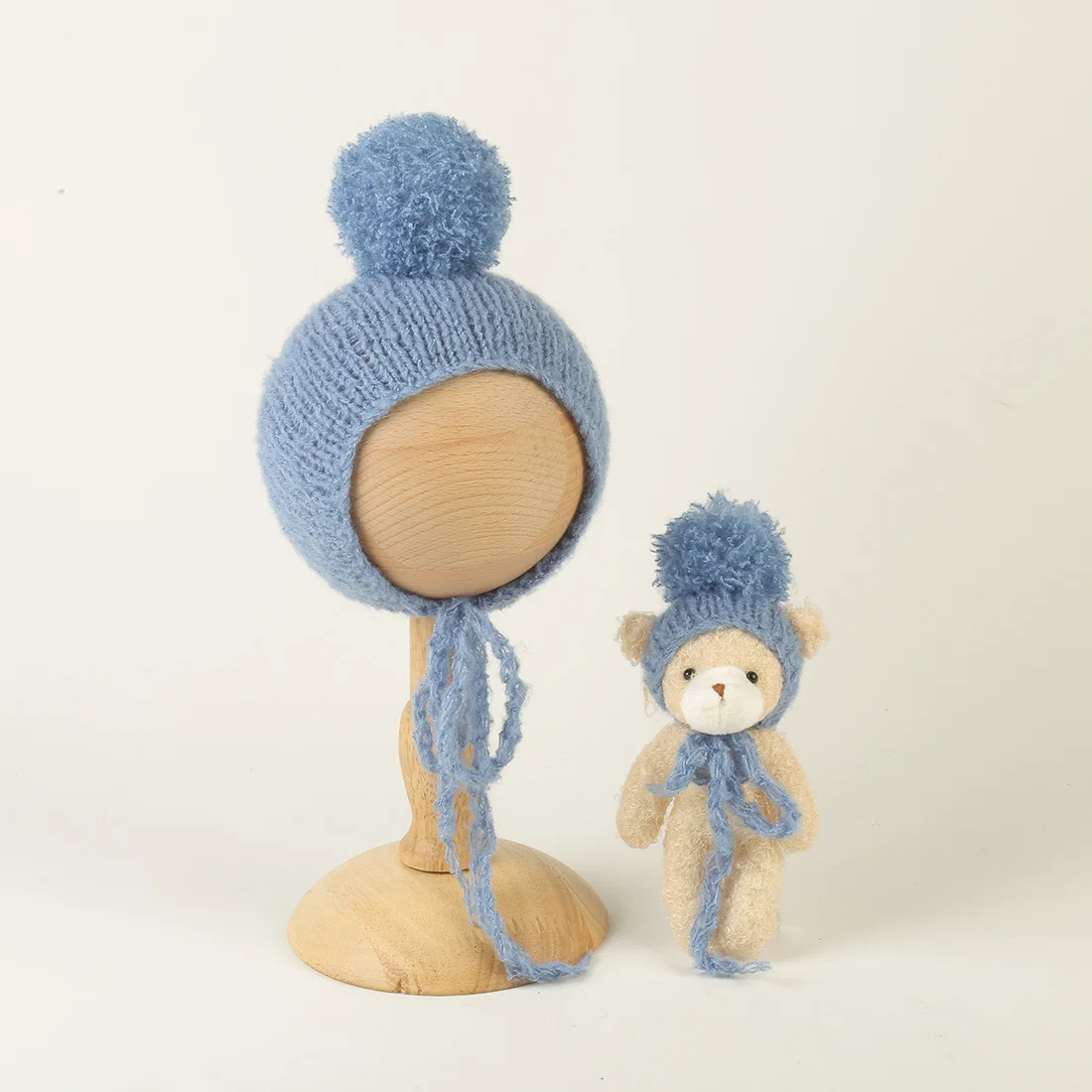 Baby Hat And Toy Set Newborn Photography Props Knitted Soft Bonnet And Bear Toy Wearing A Hat Baby Photo Shoot Accessories