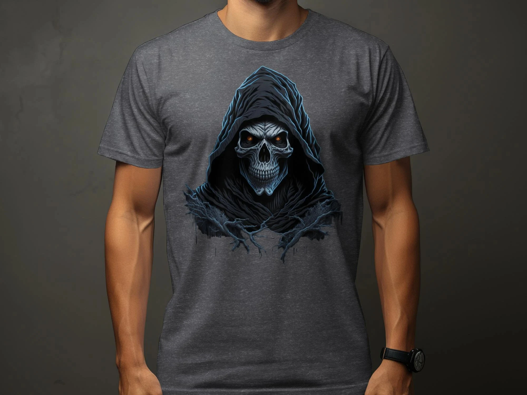 Camiseta Grim Reaper, camiseta de arte oscuro Medieval, camiseta de brujería oculta, esqueleto Grim Reaper con ojos brillantes