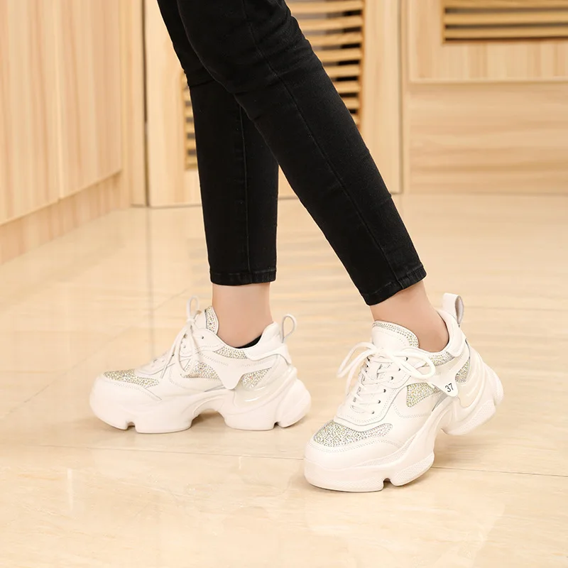 

Hot Selling Chunky Womens Sport Shoes Increase Casual Single Female Clunky Sneaker Lace Up Cowhide Running Zapatillas Mujer