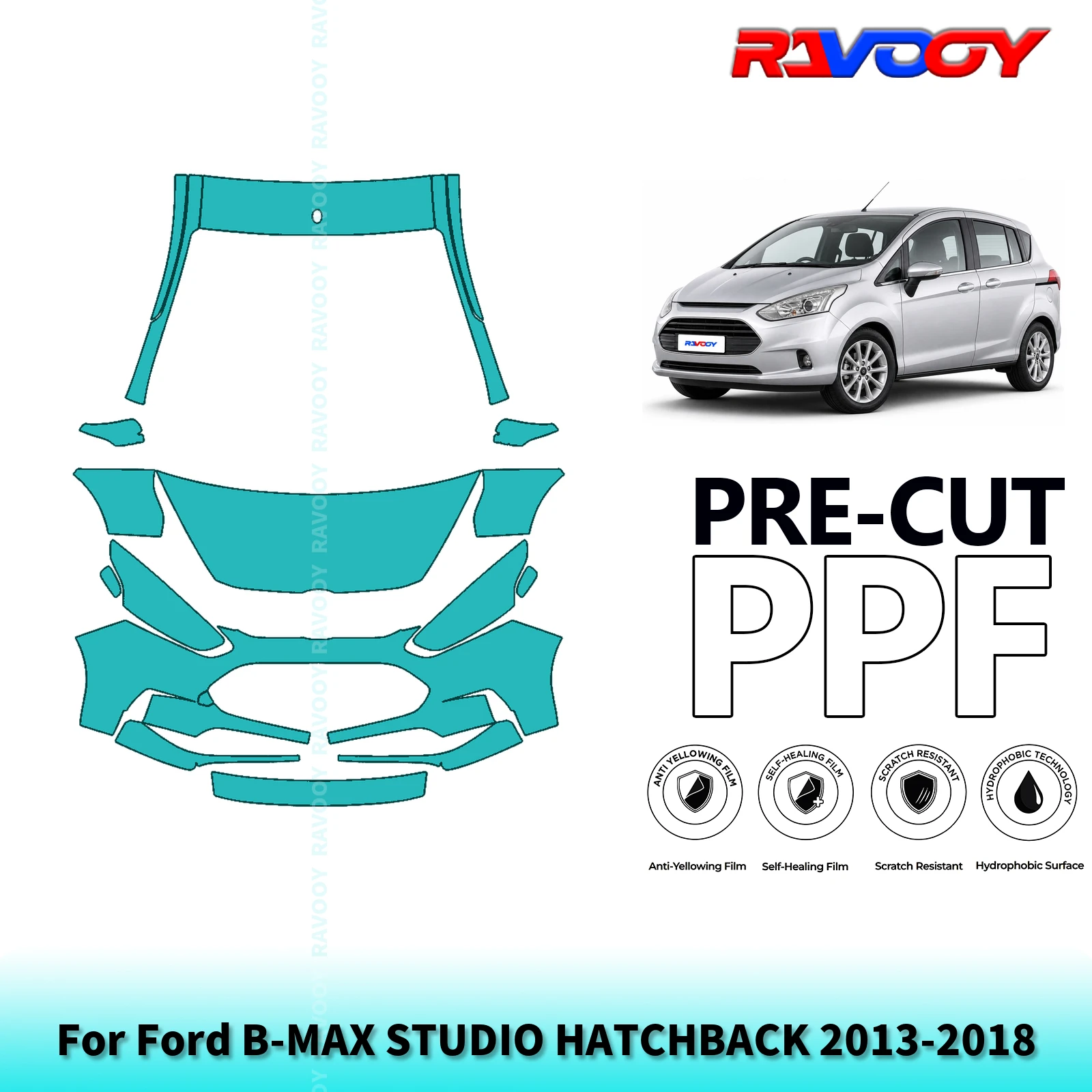 For Ford B-MAX STUDIO HATCHBACK 2013-2018 Partial Front 8.5Mil Pre-Cut Paint Protection Film PPF Clear Bra Kit Clear/Matte/Black