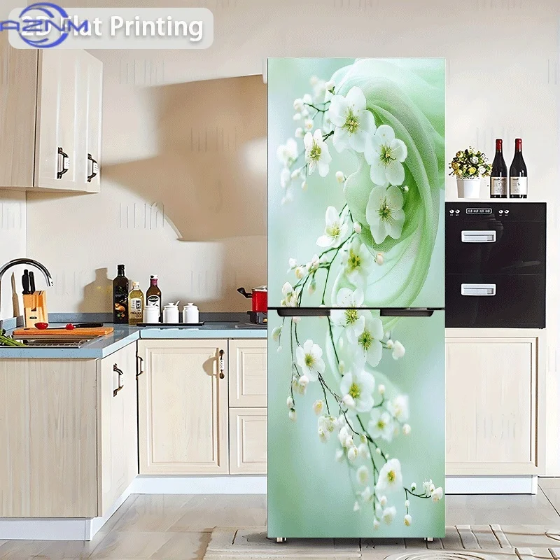[Printing] Refrigerator Sticker 60X180 Cm Green Gauze And White Flowers Theme Scene Wall Sticker Decoration Wallpaper Self-Adh