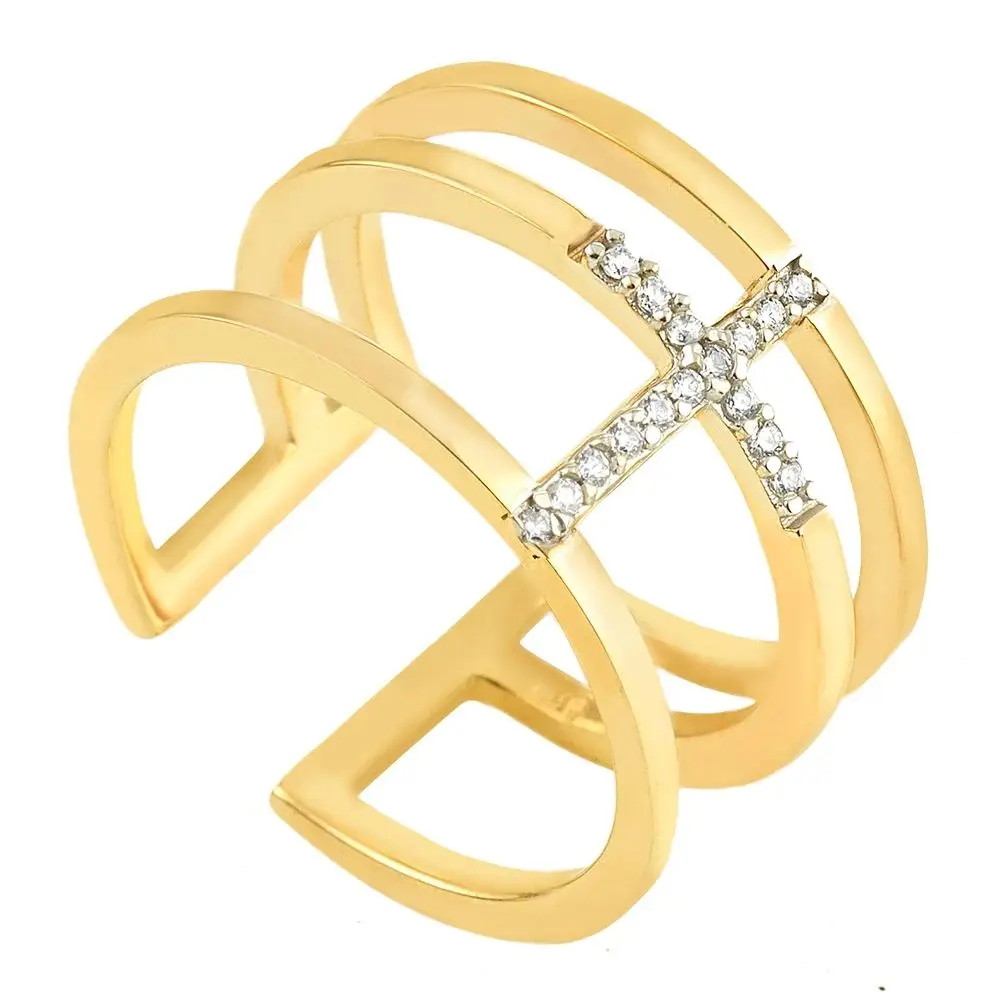 

Triple Cross Gold Ring With Textured Band Cubic Zirconia Adjustable Religious Style Engagement Jewelry