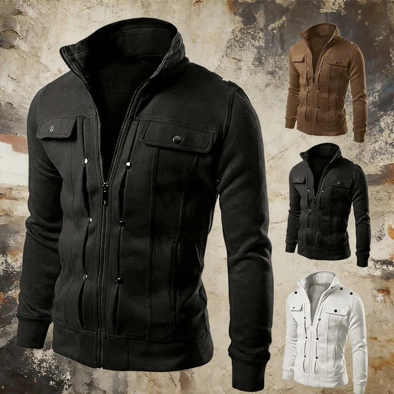 

Fashionable Men Outerwear Men's Solid Color Stand Collar Jacket with Buttons Zipper Closure for Spring Autumn Long for Men