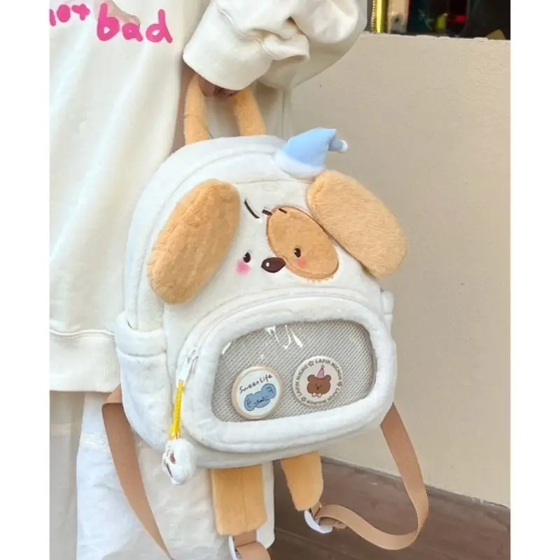 Japanese Cute Sleep Dog Kawaii Soft Plush Ita Bag Women\'s Backpack Schoolbag DIY Badge Storage Bag Travel Bag Kids Backpacks