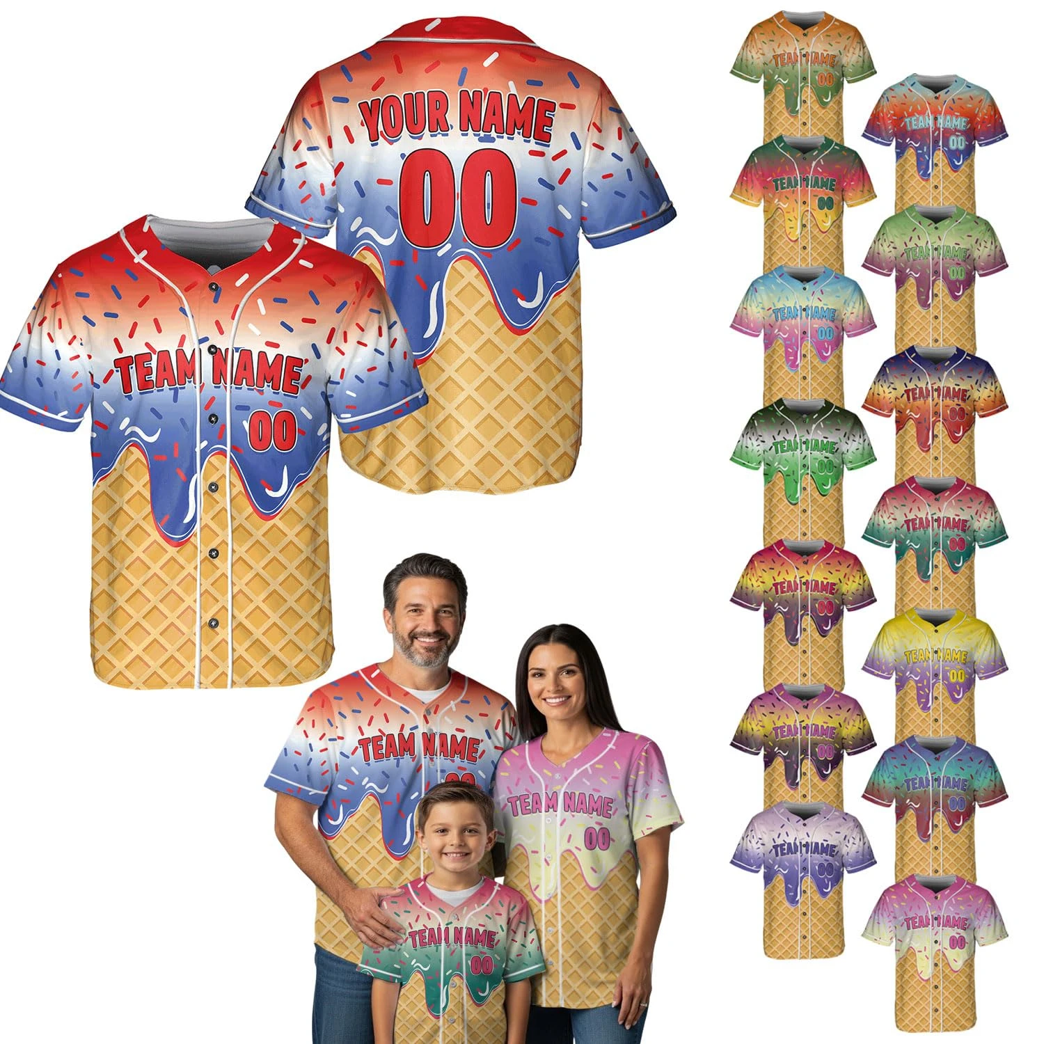 

Custom Dessert Theme Baseball Jersey Ice Cream Waffle Cone Shirt Printed Name Number Sports Fan Apparel For All Ages