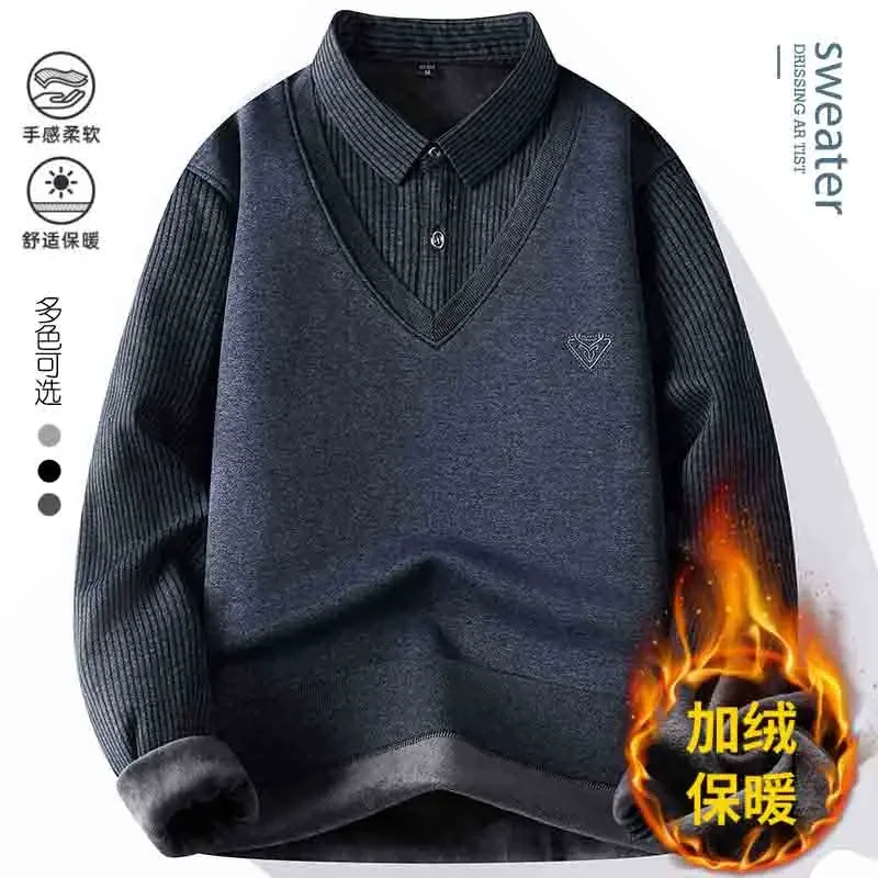 Comfort Stretch Knitted Pullover Male Fake Two Piece Shirt Collar Thick Fleece Lining Vertical Stripe Long Sleeve Casual Outfit