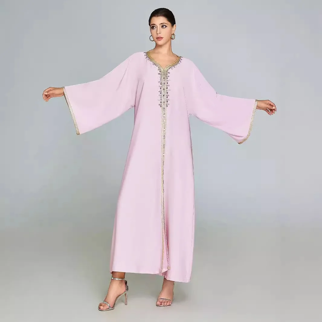 UNI 2025 Ramadan Fashion Pink Muslim Robe Hand Sewn Diamond Fashion Large Dress Women's Skirt Dubai Abaya Middle East Eid