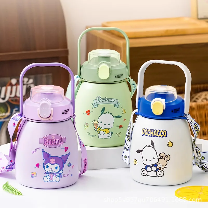 MINISO Anime Kawaii Kinderen Pochacco Thermos Cup Vrouwen Leuke Grote Capaciteit Stro Waterfles Kuromi Zoete Cadeaus voor Meisjes