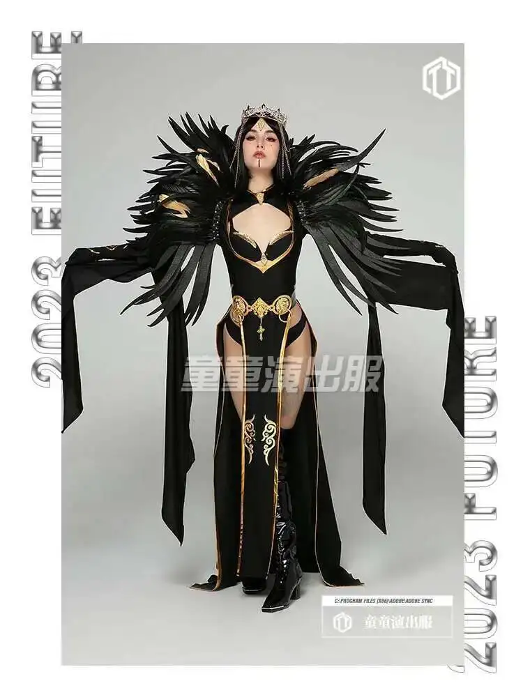 

Dark Angel Dance Beauty Opening Gogo Performance Dress Female Feather Black Bar Feather Dance Costume Sexy Party Girl Women