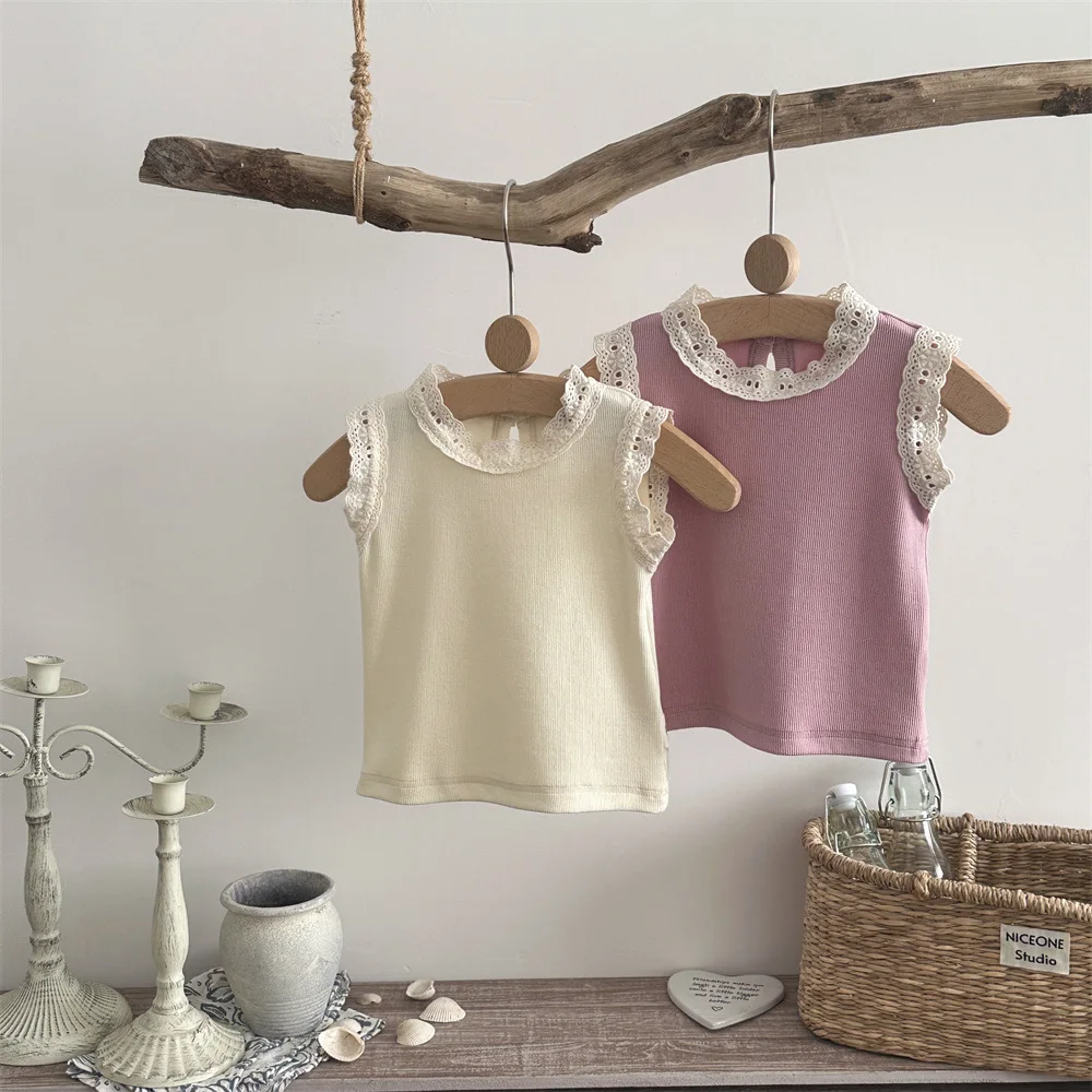 2026 Summer New Baby Girl Sweet Lace Collar Sleeveless T Shirts Baby Girl Cute Ribbed Tops Children Cotton Vest Toddler Clothes