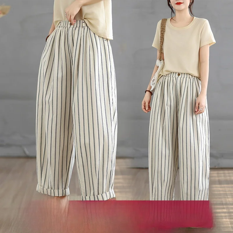 

Slimming Effect Cotton Linen Vertical Stripes Loose Straight Leg Pants Spring New Style Casual Long Trousers Trendy Simple