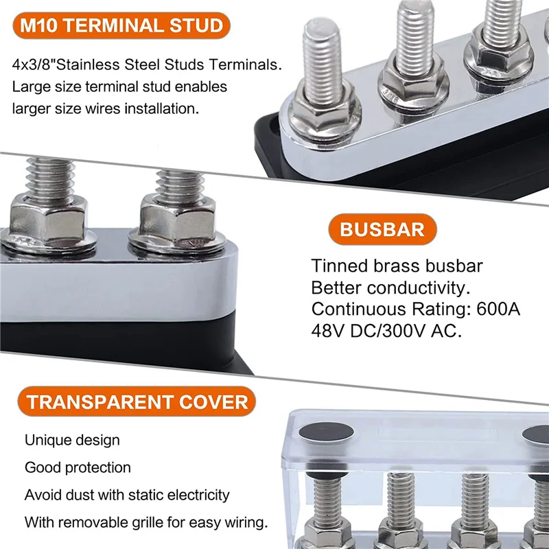 

FUFU 4X 600A Bus Bar 4-Stud (3/8 Inch) M10 High Current Copper Busbar Terminal Block Marine DC 12V 24V 48V With Cover(Black)