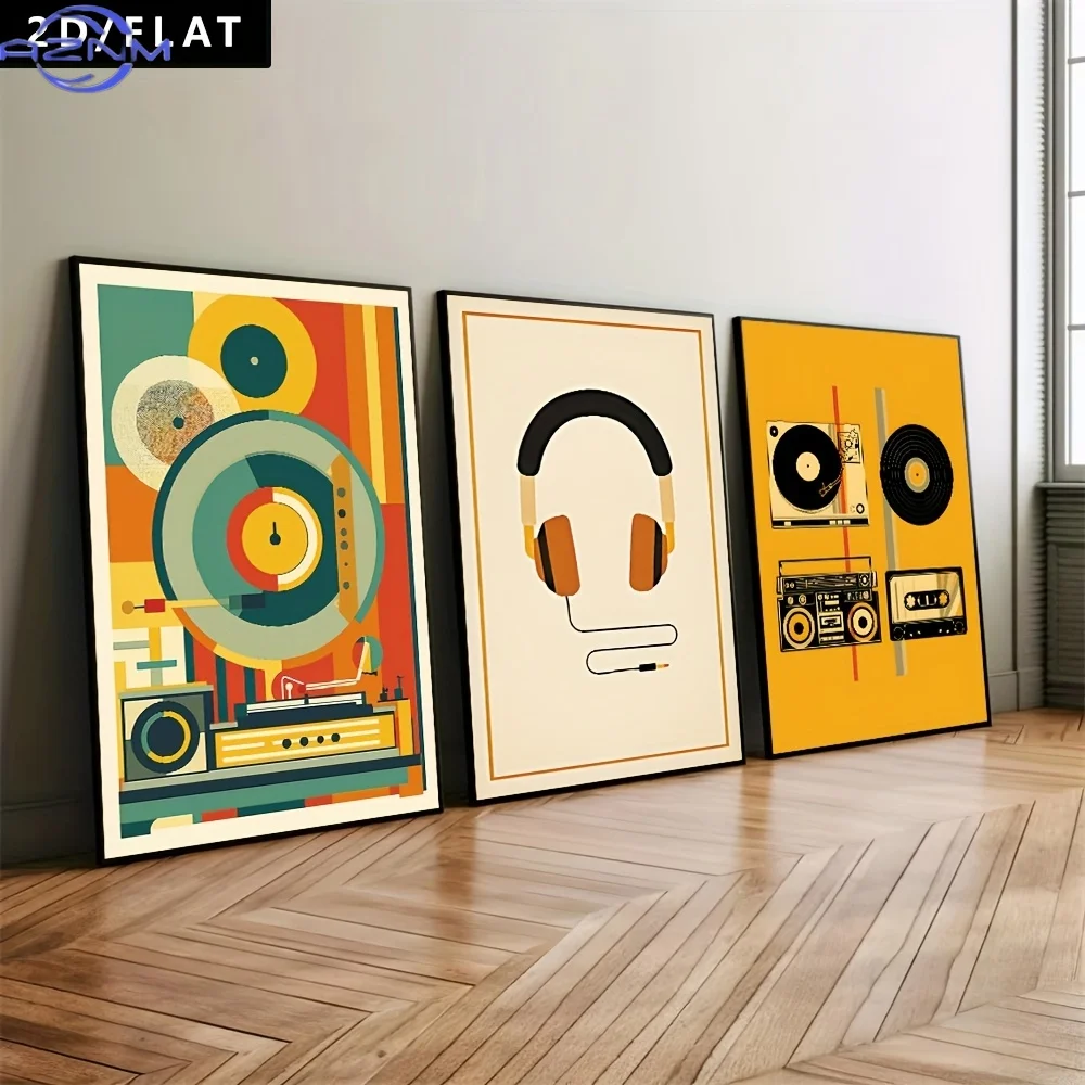 2D/Flat 3pcs Phonograph, Radio, Headphones, Vinyl Records, Cassette Tapes, Retro Music Elements, Art Canvas Posters, Canvas Pa