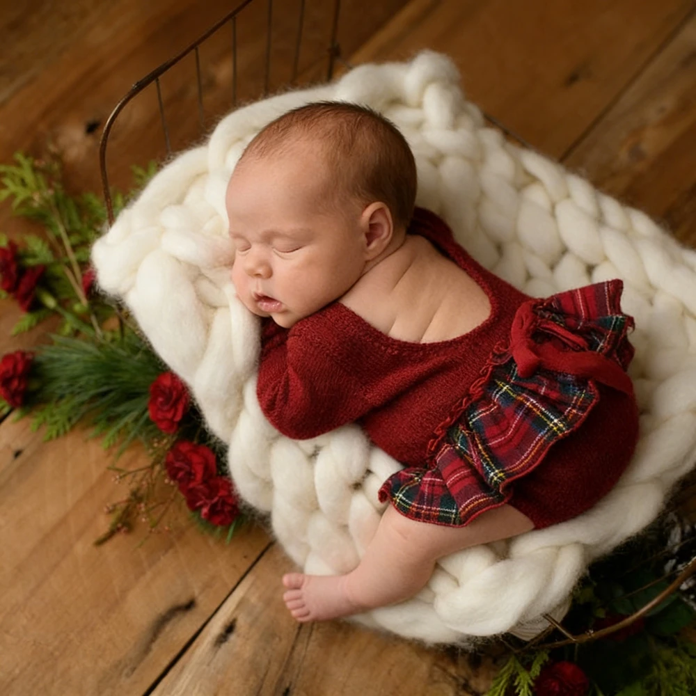 Newborn Photography Outfit Girl Red Plaid Ruffle Romper Baby Photo Shoot Dress Infant Long Sleeve Clothes