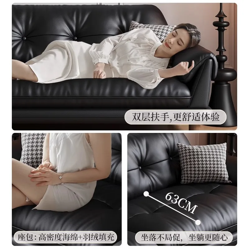 Straight row small apartment retro black solid wood layer cowhide sofa