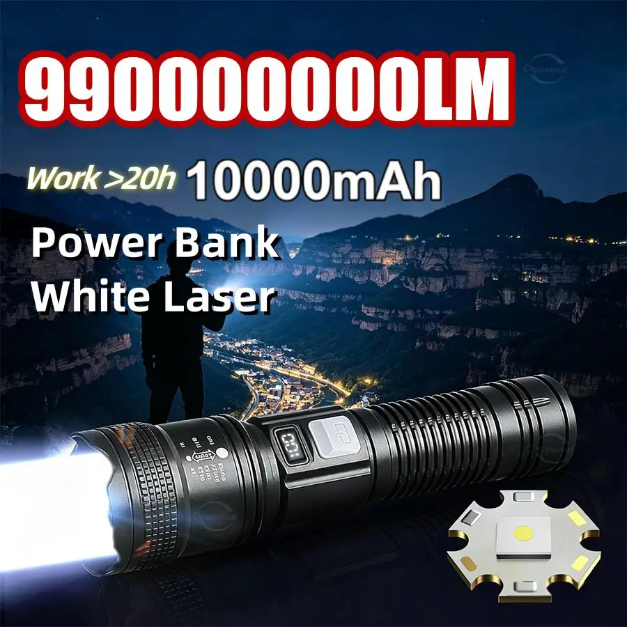 

990000000LM 10000mAh High Power LED Flashlight Rechargeable Torch Zoomable Light For Outdoor Camping Hiking Emergency Lantern