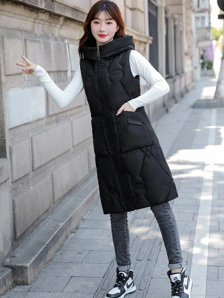 Autumn winter wadded jacket women hooded mid to long down cotton vest woman fashion slim fit cotton vest jacket jaqueta feminina