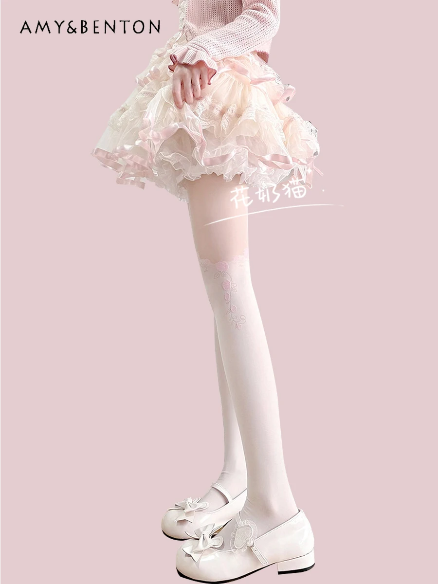 Lolita Stockings Vintage Embroidery Stitching Stockings Spring Summer New Thin White Pantyhose Sexy White JK Knee High Socks