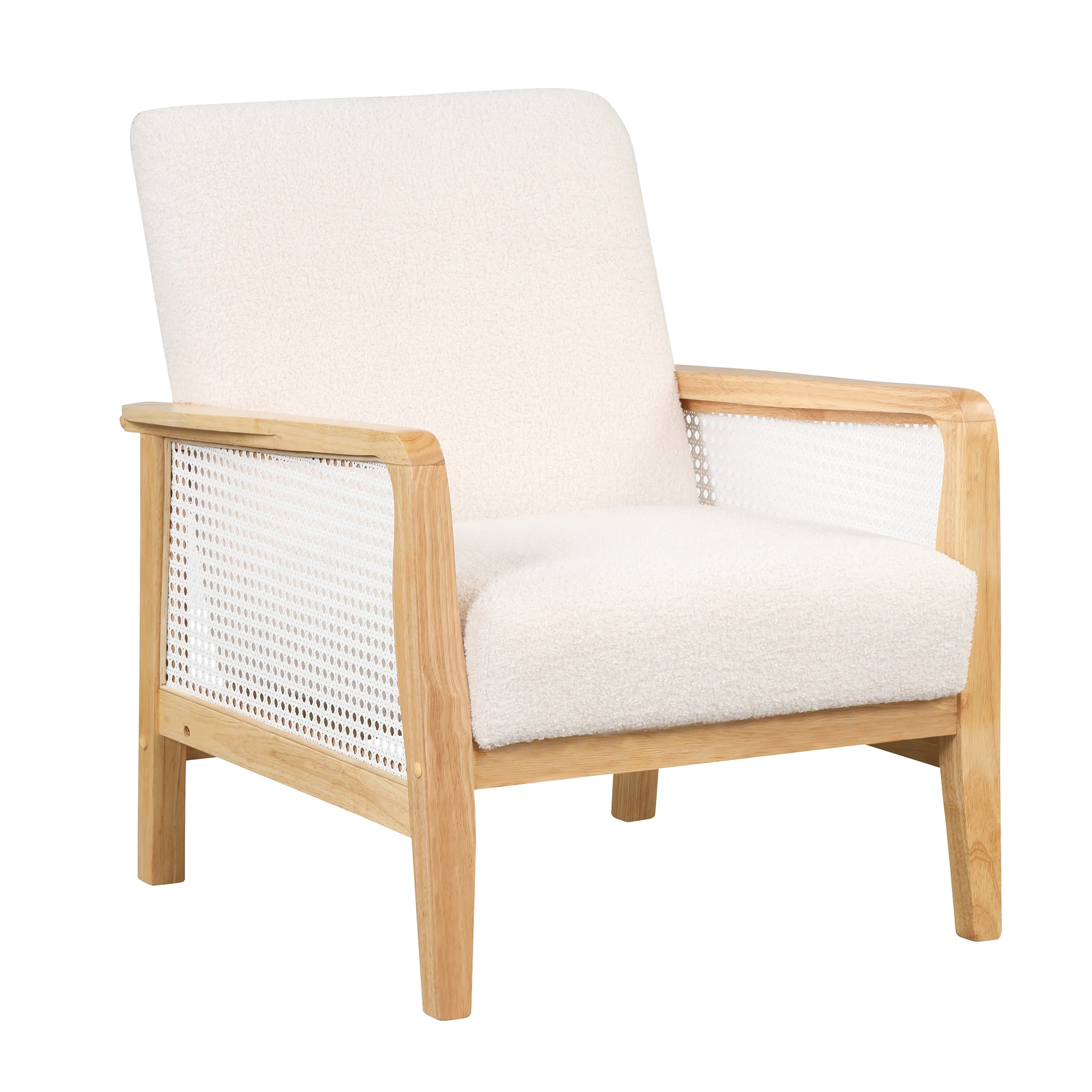 Mid-Century Armchair Rattan Mesh Upholstered Accent Chair Teddy Short Plush Particle Velvet Armchair for Living Room Bedroom