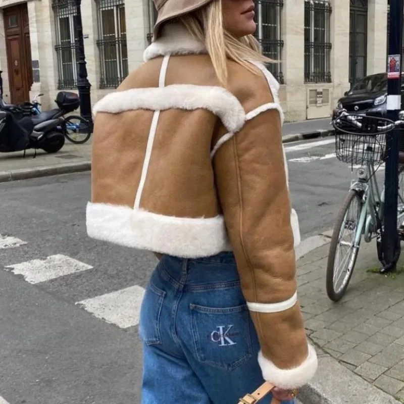 Chaqueta de retazos de cuero y lana de cordero liso para mujer, abrigo corto con bolsillo de manga larga y solapa a la moda, ropa de abrigo cálida para señora nueva para Otoño e Invierno