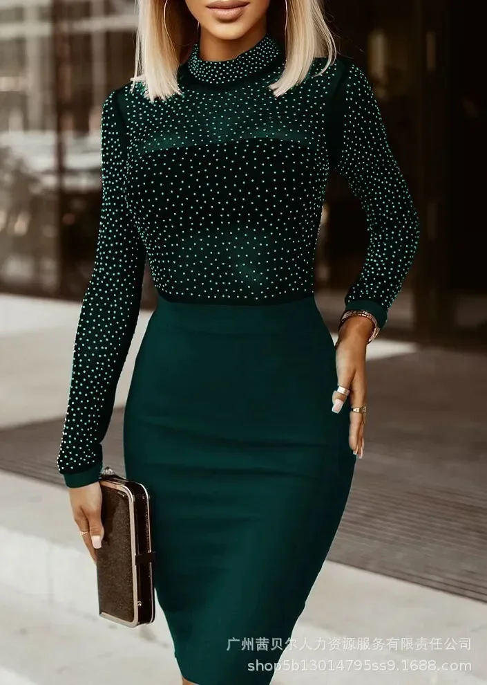 Roupas femininas malha Rheinstone vestido apertado fino manga comprida bodycon vestido sexy