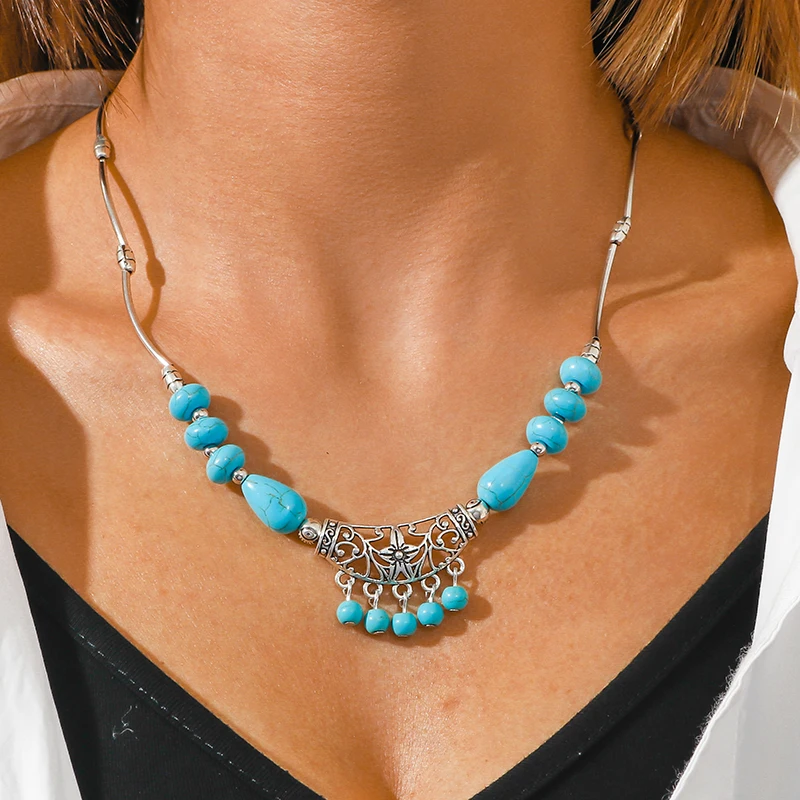 Aihua Böhmen Türkis Stein Herz Halskette für Frauen Halsband Collier Femme Ethnische Tibetischen Silber Halsketten Aussage Schmuck – Detail 23