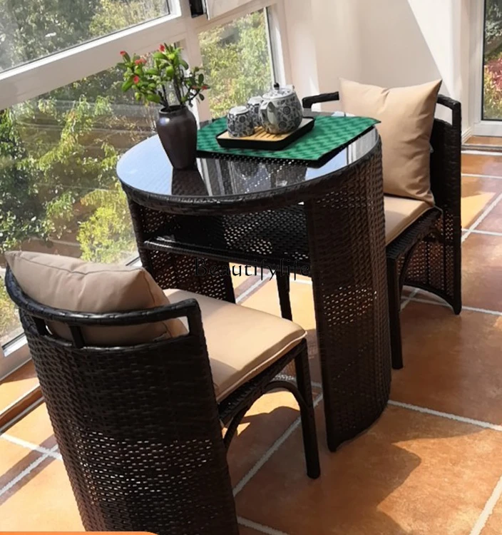 

Balcony round Tea Table Three-Piece Set Outdoor Household Small Apartment Glass Tea Table Simple