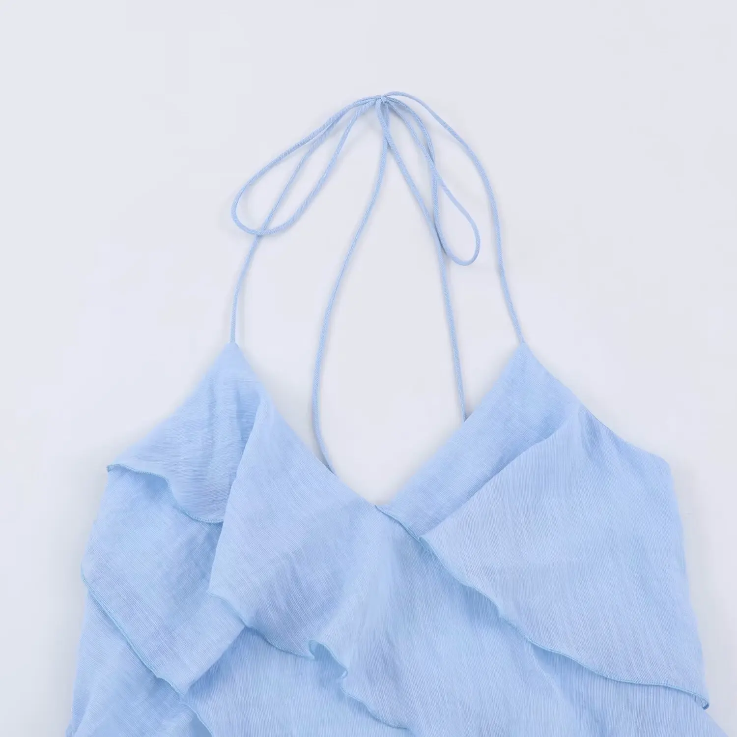 TFMLN Sommer Damen Neckholder-Minikleid, Lässiges Einfarbiges Rüschen-Stufenkleid, Ärmelloses Kurzes Kleid, Elegantes V-Ausschnitt Rückenfreies Damen-Outfit – Detail 6