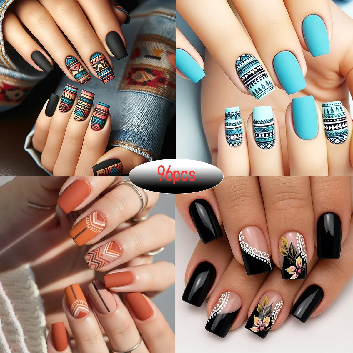 1/4 عبوة/96/24 قطعة من الأظافر المزيفة المربعة، تتميز بأنماط هندسية وتصاميم الطوطم في الأنسجة غير اللامعة مثل الأسود والأزرق، AR