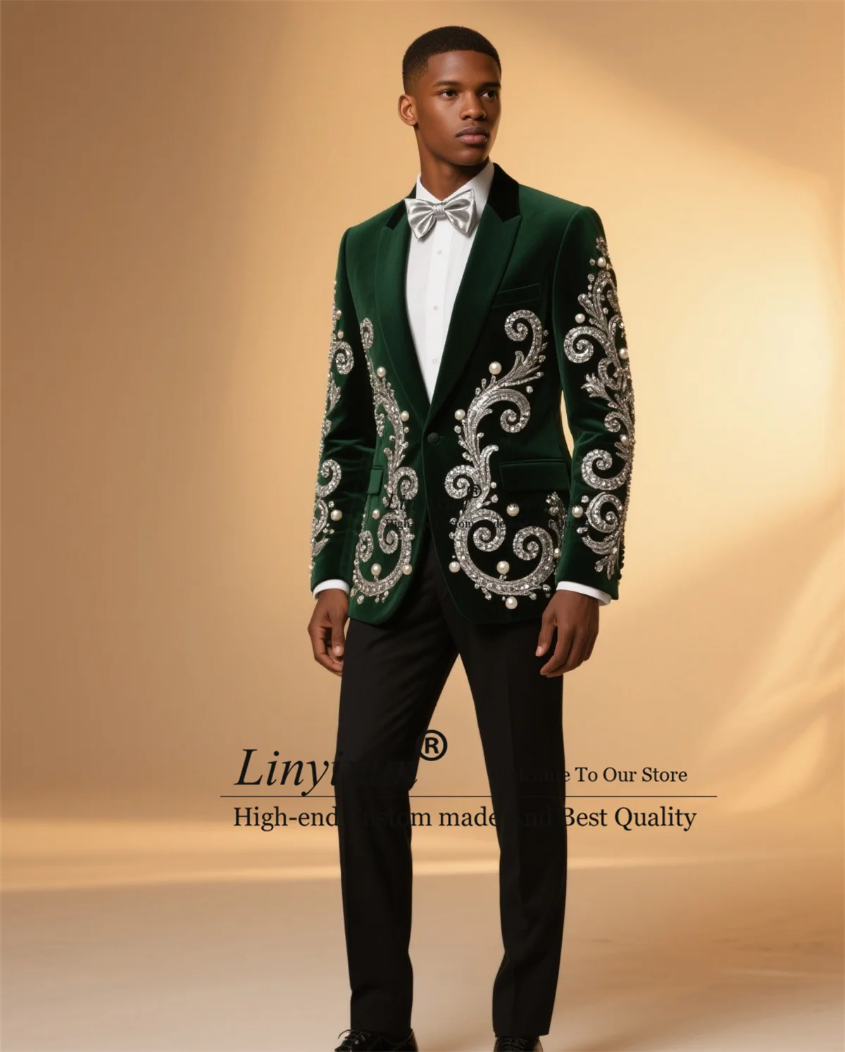 

Fashion Velvet Men Suit For Wedding High End Gem Beaded Customized Groom Tuxedo 2 Pieces Sets Male Prom Blazers Ropa hombre