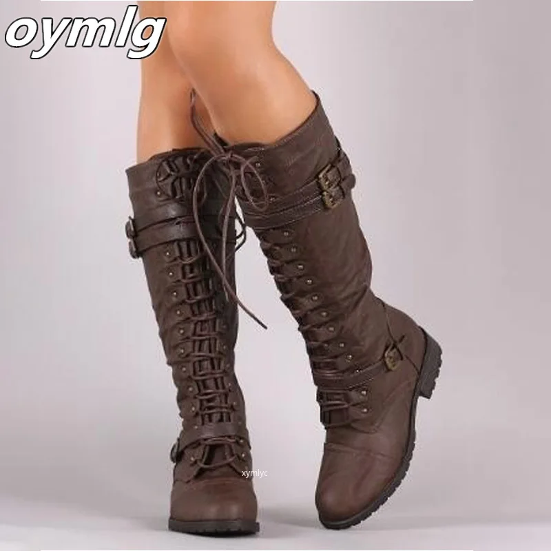 Women Knee high Boots Autumn Winter Lace Up Flat Shoes Sexy Steampunk PU Retro Buckle women shoes Ladies Snow Boots