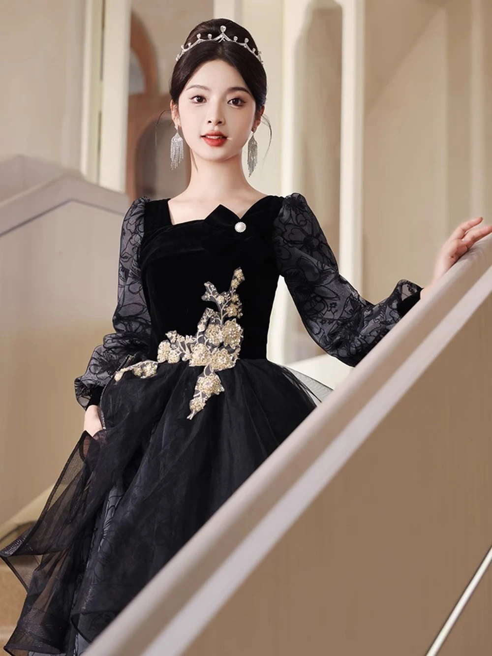 Black Elegant Evening Dress Women Winter Square Collar Long Print Sleeved Velvet Patchwork Prom Gown Mesh A-line Tiered Vestido