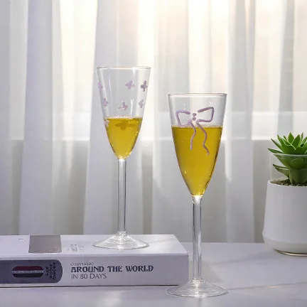 Pink Bow Glass Hand Drawn Bows Pattern Red Wine Gass Champagne Glass, Borosilicate Glass Cocktail Glass  Cup