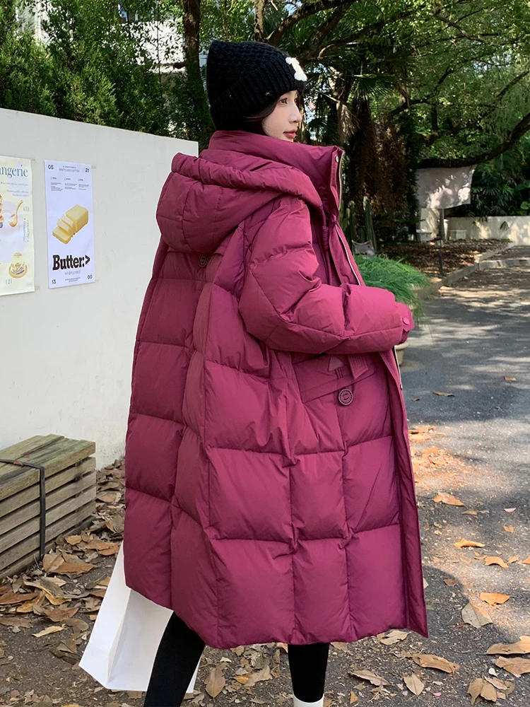 

Однотонное плотное теплое Женское пальто выше колена, модная куртка оверсайз с капюшоном, новая зимняя пуховая куртка на белом утином пуху, женская Свободная куртка T174