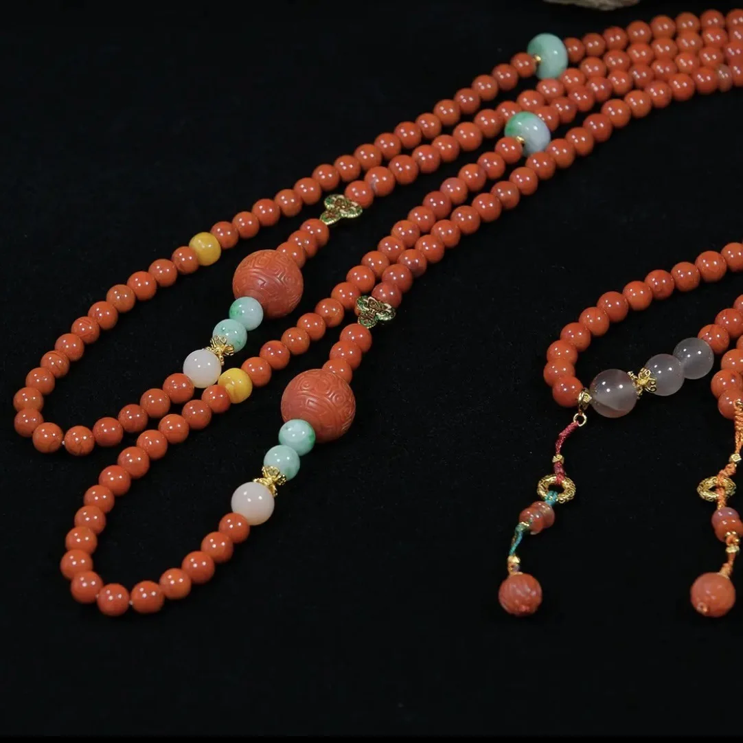 

Chinese Style Natural Red Agate Round Bead Necklace Sweater Chain A Grade Jade Pink Opal Silver Beeswax Multi-treasure Necklace