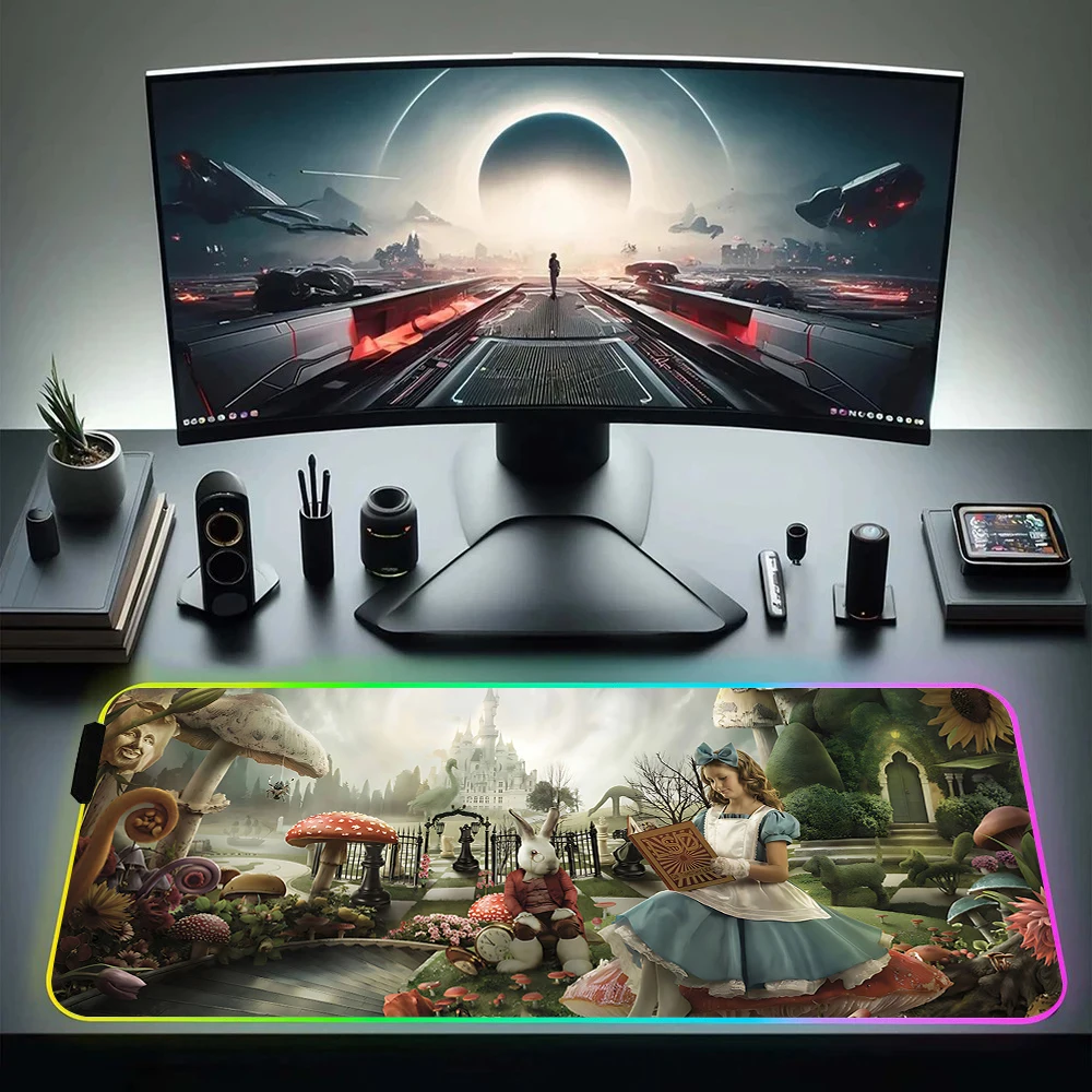 Alice's Adventures in Wonderland RGB Pc Gamer Keyboard Mouse Pad Mousepad LED Glowing Mouse Mats Rubber Gaming Computer Mausepad