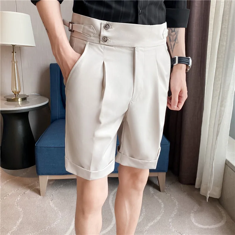 British Style Summer Men Suit Shorts Fashion Belt Design Slim Fit Short Pant Formal Social Wedding Party Knee Length Short Pants