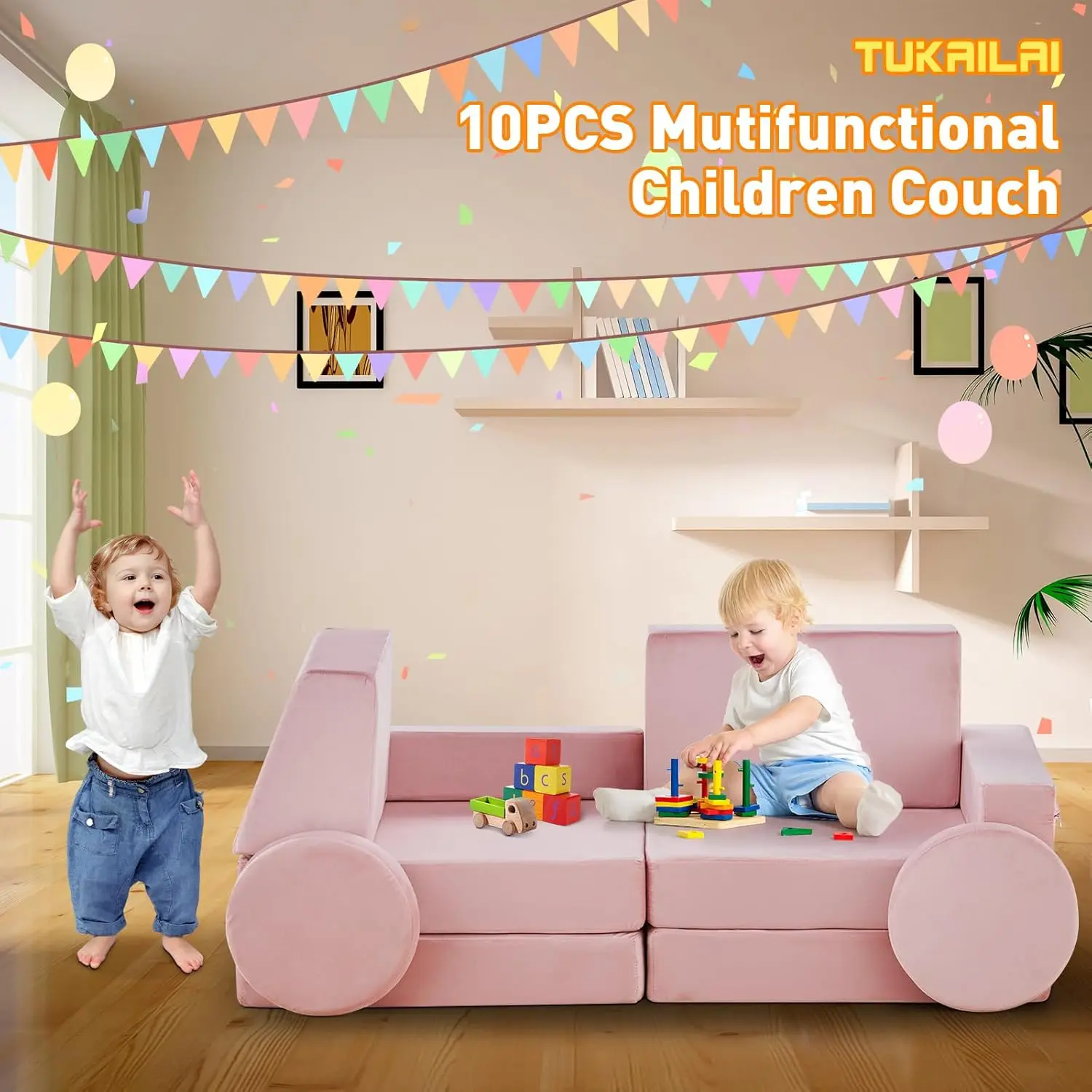 10PCS Modular Kids Play Couch, Convertible Child Sectional Sofa, Imaginative Furniture Play Set for Creative Kids, Todd