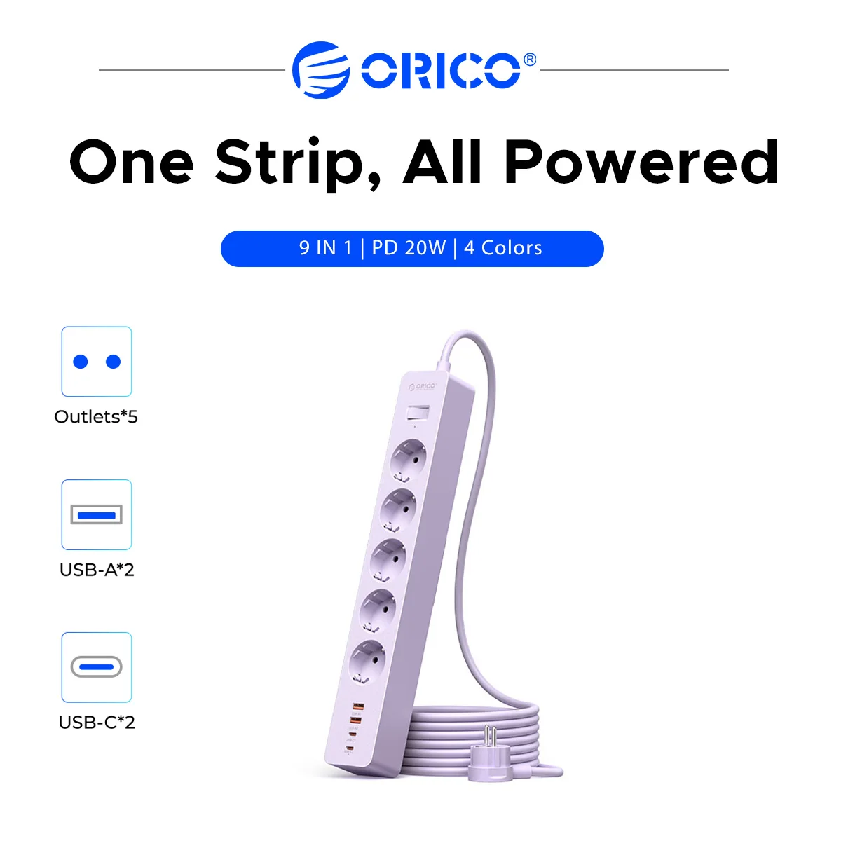 ORICO 9 in 1 EU Power Strip PD20W, 5 Schuko Outlets 2 USB-A & 2 USB-C Charging Station, Punch-Free Wall Mount Extension Cord 1.5