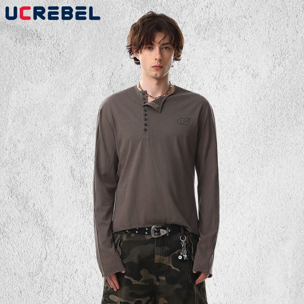 Button Decoration Long Sleeve T-shirt Mens Print Retro High Street Spring Henley Collar Tshirt Man Tee