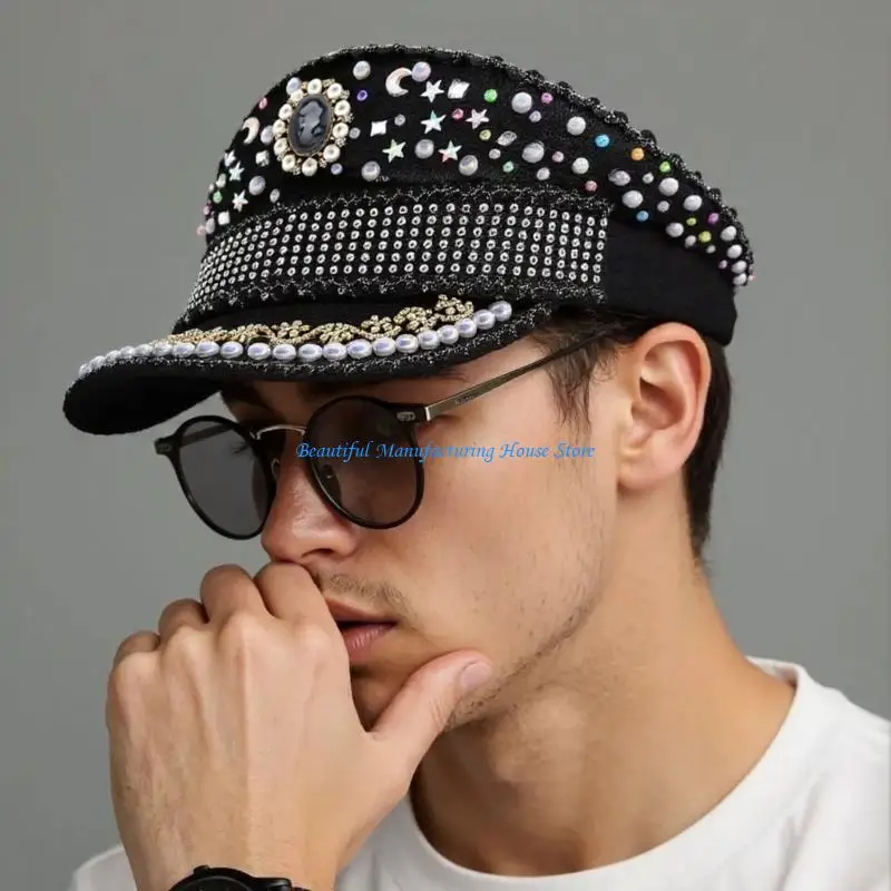 E56A Sparkly Party Hat Heavy Crystal Sequins Dark Captain Hat for Actress Live Show