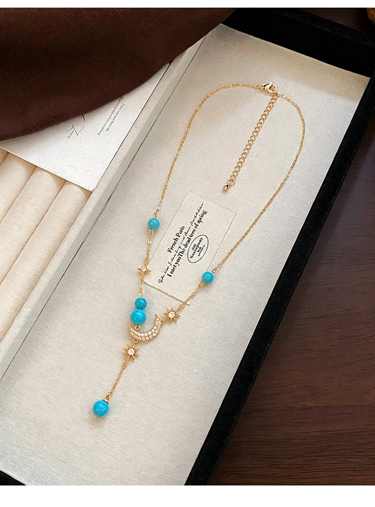 Goldfarbene Y-förmige Stern-Mond-Anhänger-Halskette für Damen mit Perlen, Zirkonia, Halbmond-Choker, elegante, zarte, verstellbare Kette, Schmuckgeschenk – Detail 4
