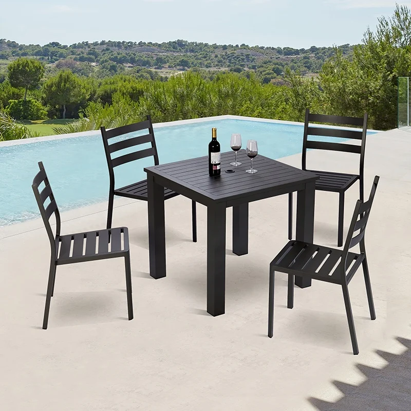 Moderno y barato restaurante de jardín, juego de comedor de 5 piezas, muebles para Patio exterior, mesa de aluminio negro y 4 sillas