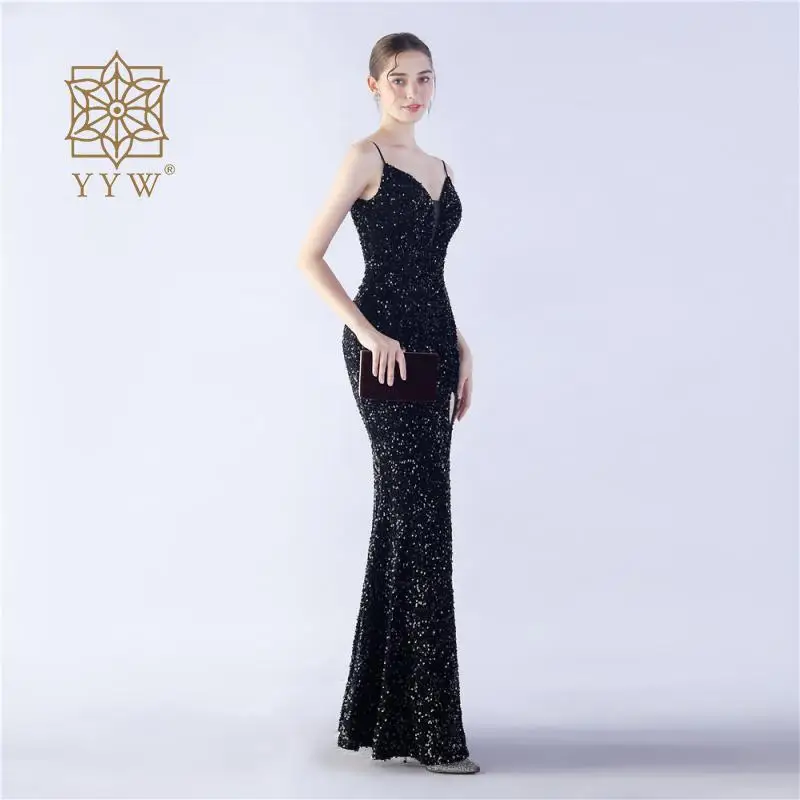 Pink Women Maxi Dress Evening Strap Sling Sexy Mermaid Ball Gown Female Deep V Sequins Glitter Backless Robe Gold Shiny Vestidos