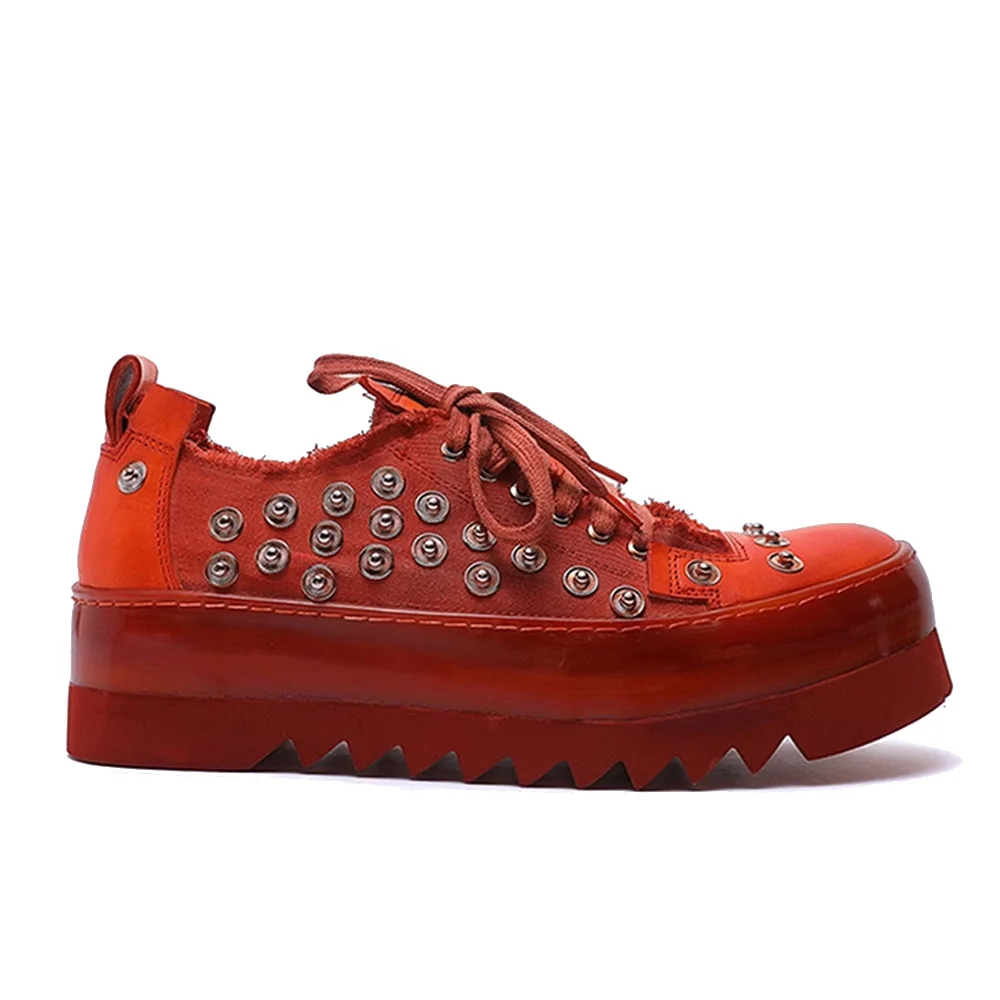 

Fashion Genuine Leather Men Canvas Sneakers Thick Sole Original Designer Handmade Red Street Shoes Retro Rivet Punk Ankle Boots