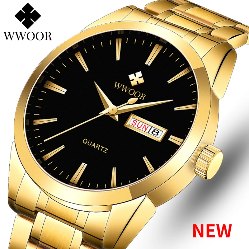 WWOOR New Watch For Men Quartz Mens Watches Top Luxury Brand Male Gold Waterproof Watch Stainless Steel Relogio  Masculino Free