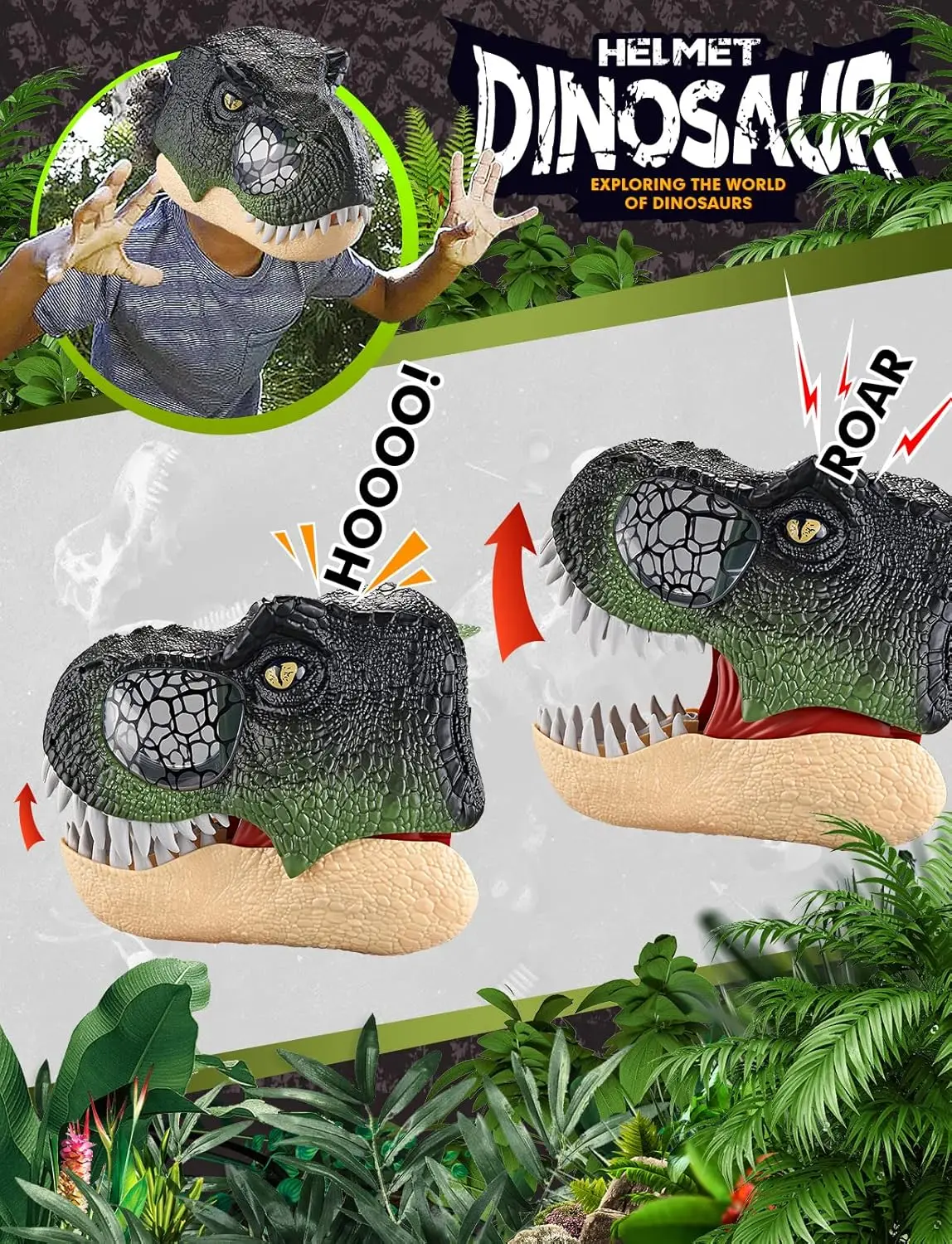 Dinosaur Mask for Halloween Tyrannosaurus Roar with Motion and Sounds and LED Eyes, T Rex Costume for Kids or adults Role-Play